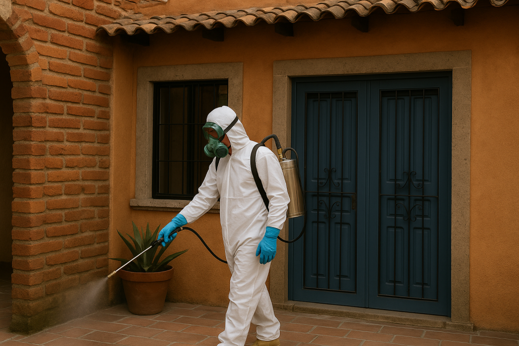 Técnico fumigador certificado aplicando tratamiento contra plagas en CDMX.