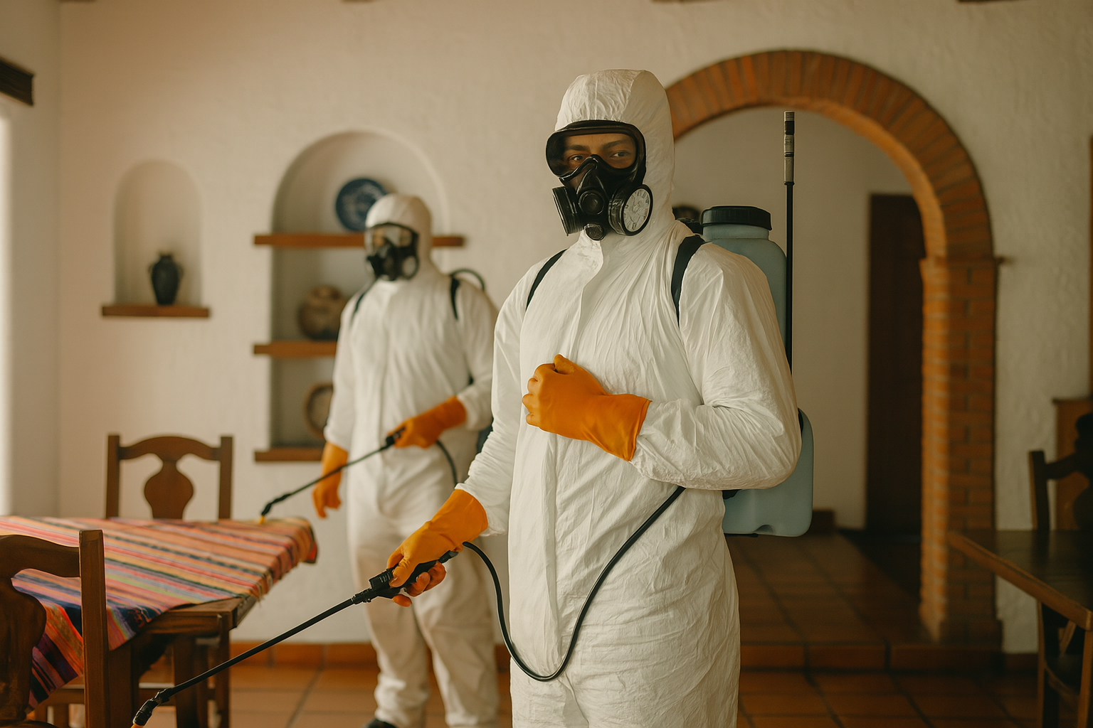 Fumigadores en Ciudad de México aplicando tratamiento contra chinches en el interior de una casa mexicana con equipo de protección completo y mascarillas.